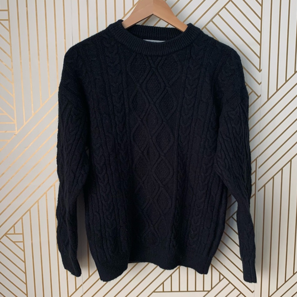 Aelfric Eden Retro 90s Cable Knit Fisherman Sweater ribbed hems black Small S - Picture 3 of 11